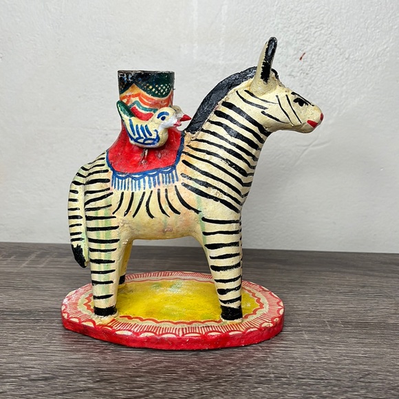 Vintage mexican folk art zebra candlestick tree of life FLAW